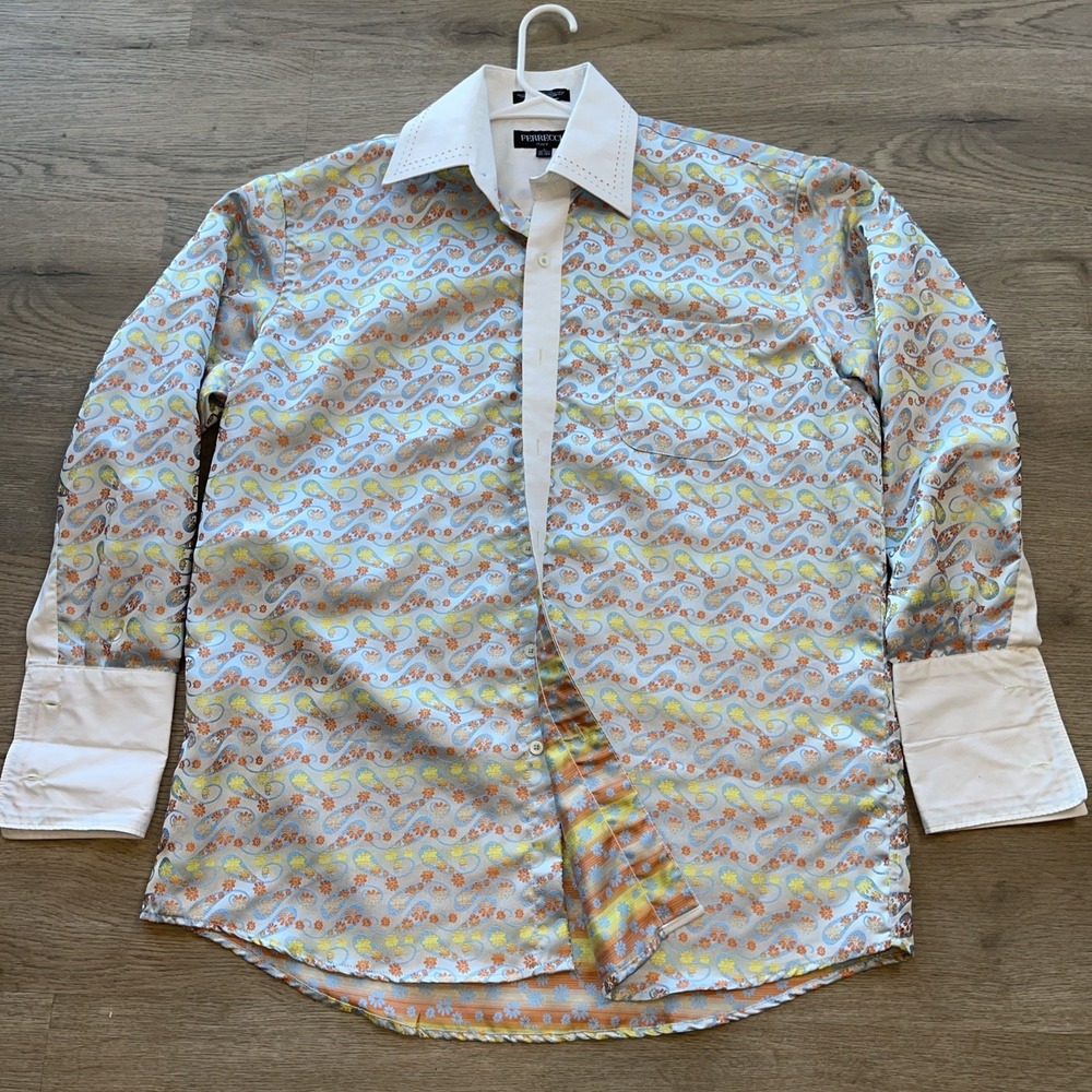 Ferrecci Men's Hi-1002 Multicolor Satin Floral Print Button-Down Dress Shirt L